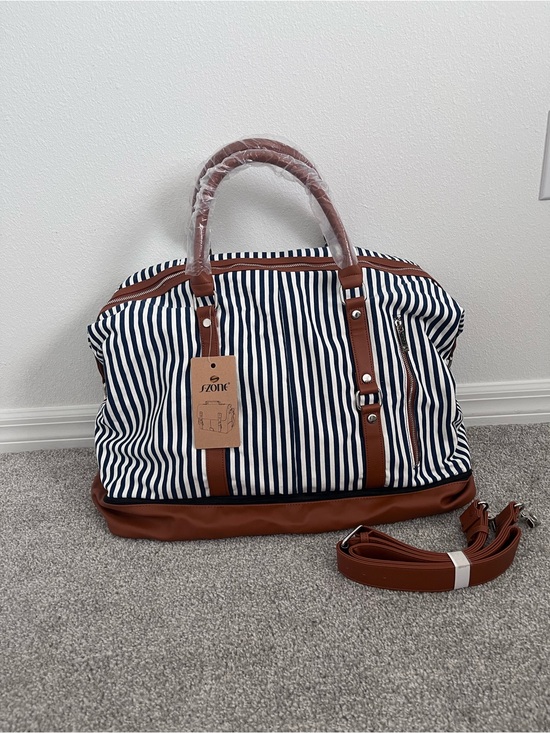 S-Zone Handbags - Striped Navy and White Travel Weekender Bag with Brown Leather Trim